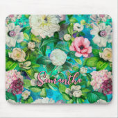 フローラスタイリッシュピンク花ブルーモノグラム マウスパッド (正面)