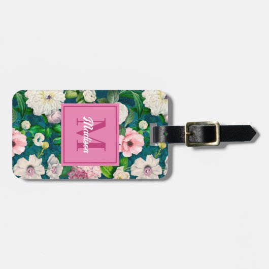 フローラスタイリッシュピンク花緑モノグラム模様 ラゲッジタグ (正面横)