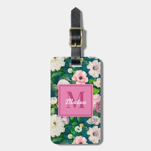 フローラスタイリッシュピンク花緑モノグラム模様 ラゲッジタグ (正面縦)