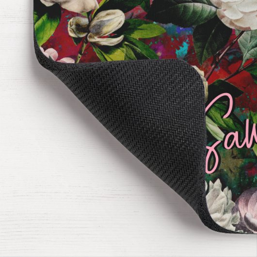 フローラスタイリッシュピンク花赤モノグラム模様 マウスパッド (コーナー)