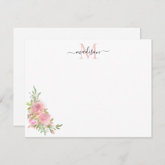 フローラスタイリッシュ赤面ピンクウォーター色バラモノグラム ノートカード (正面/裏面)