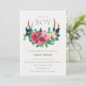 フローラスタン〔雄ジカの〕枝角男の子の赤ちゃんシャワー招待状 サンキューカード (スタンド正面)