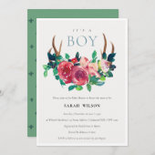 フローラスタン〔雄ジカの〕枝角男の子の赤ちゃんシャワー招待状 サンキューカード (正面/裏面)