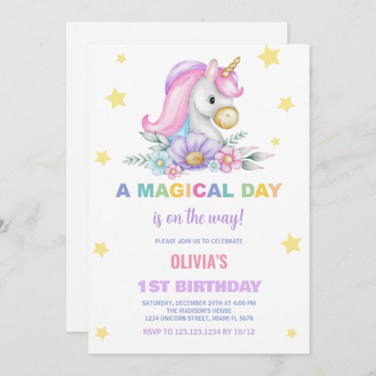 フローラスターズユニコーン誕生日招待状 招待状 (正面/裏面)