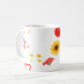 フローラスター&ハートマグカップ – 明るいヒマワリ&レッド コーヒーマグカップ (正面左)