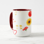 フローラスター&ハートマグカップ – 明るいヒマワリ&レッド マグカップ (正面左)