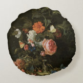 フローラスチルライフ花in花瓶，ヴィンテージバロック ラウンドクッション (裏面)