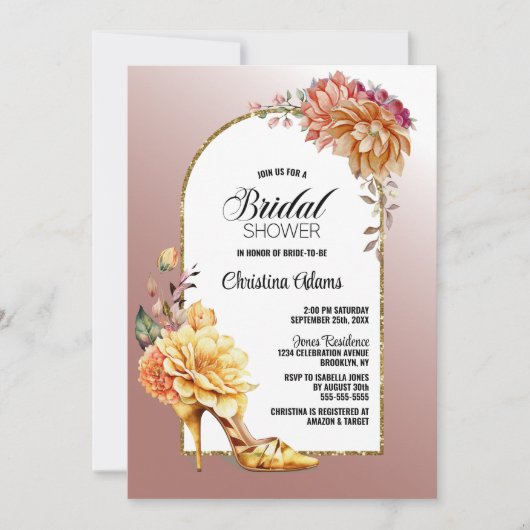 フローラスティレットシューズ赤面ピンクアーチブライダルシャワー 招待状 (正面)