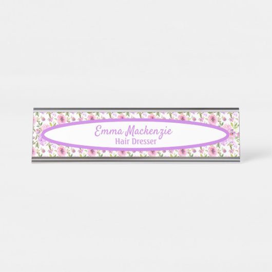 フローラステーションパープルピンク花デスクサイン デスクネームプレート (正面)