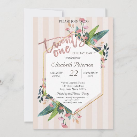 フローラストライプのフレーム21st誕生日パーティー 招待状 (正面)