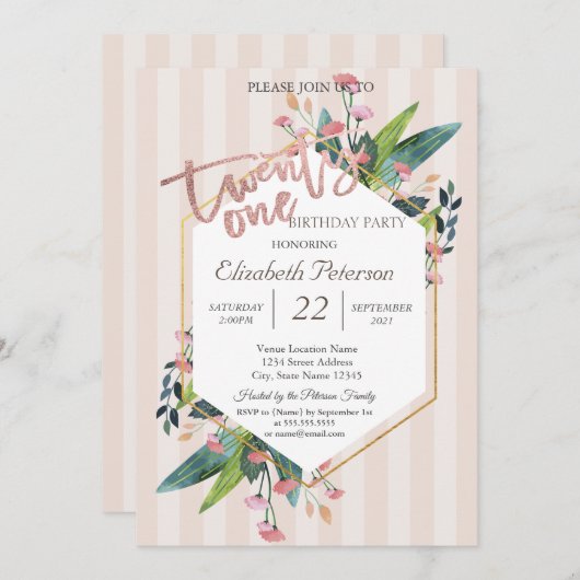 フローラストライプのフレーム21st誕生日パーティー 招待状 (正面/裏面)