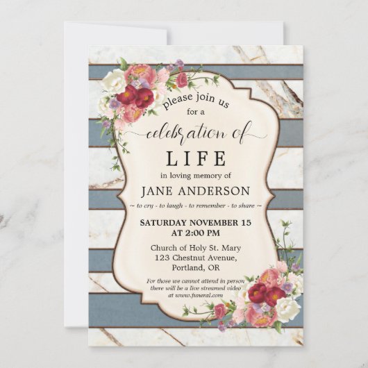 フローラストライプの記念撮影お祝い 招待状 (正面)