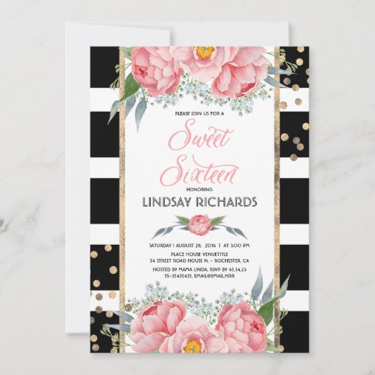 フローラストライプモダン金ゴールドデコールスウィート16誕生日 招待状 (正面)