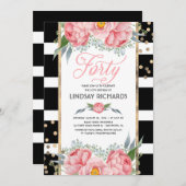 フローラストライプモダン金ゴールド12月40日バースデーパーティー 招待状 (正面/裏面)