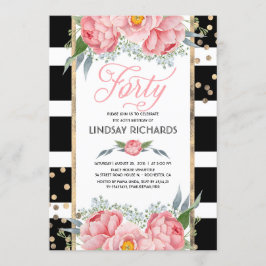 フローラストライプモダン金ゴールド12月40日バースデーパーティー 招待状