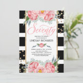 フローラストライプモダン金ゴールド12月70誕生日パーティー 招待状 (スタンド正面)