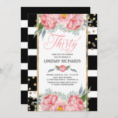 フローラストライプモダン金ゴールドDecor 30誕生日パーティー 招待状 (正面/裏面)