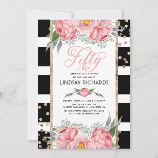 フローラストライプモダン金ゴールドDecor 50誕生日パーティー 招待状 (正面)