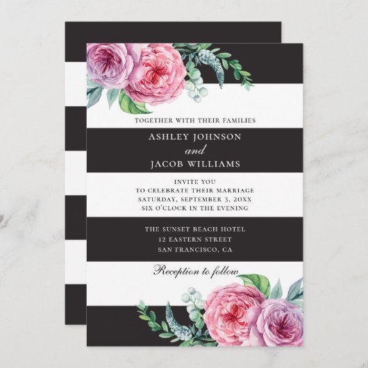 フローラストライプ白黒。ピンク結婚の花 招待状 (正面/裏面)