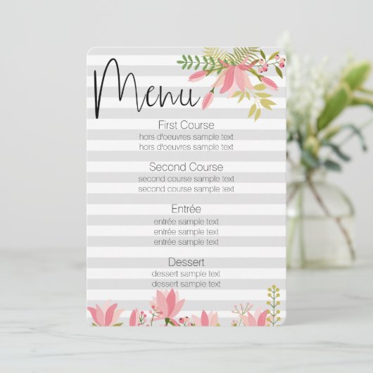 フローラストライプ結婚の |ガーデンパーティーテーマメニュー 招待状 (スタンド正面)
