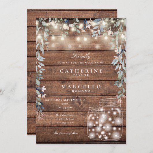 フローラストリングライツメイスン素朴ジャー結婚ウッド 招待状 (正面/裏面)