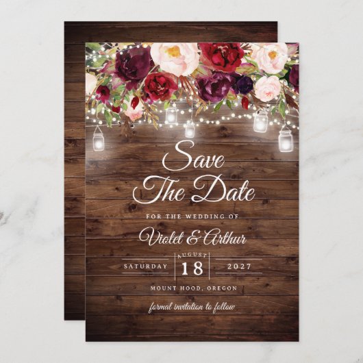 フローラストリングライトウェディング日付の保存 招待状 (正面/裏面)