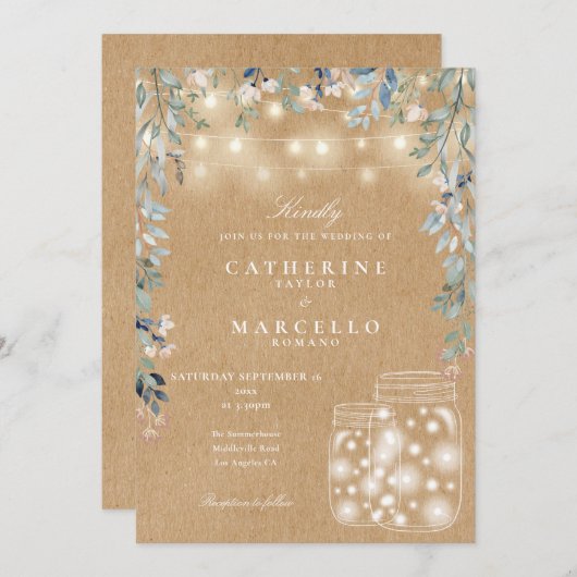フローラストリングライトメイソン素朴ジャークラ結婚フト 招待状 (正面/裏面)