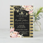 フローラストリングライト、金ゴールドストライプのブライダルシャワー 招待状 (スタンド正面)