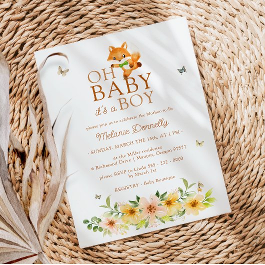 フローラストーリーブックキツネオ男の赤ちゃんシャワー 招待状