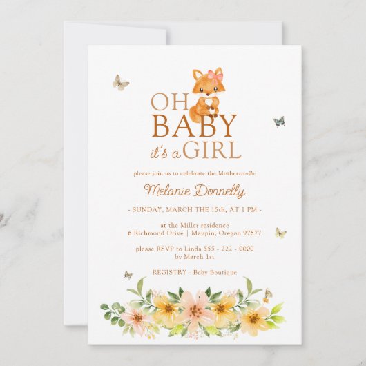 フローラストーリーブックキツネオ赤ちゃんガールシャワー 招待状 (正面)