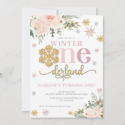 フローラスノーフレークワンダーランド1歳の誕生日 招待状 (正面)
