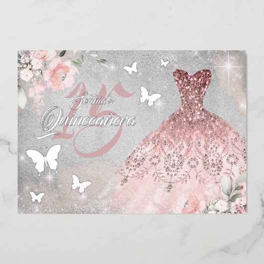 フローラスパークルドレスバタフライピンクキンセアニェラ 箔招待状 (正面)