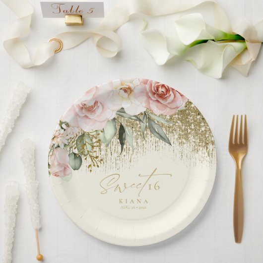 フローラスパークルSweet sixteen金ゴールドID912 ペーパープレート (ウェディング)