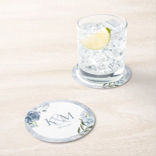 フローラスパー結婚クルのイニシャルダスティブルーID889 ラウンドペーパーコースター (インサイチュ)