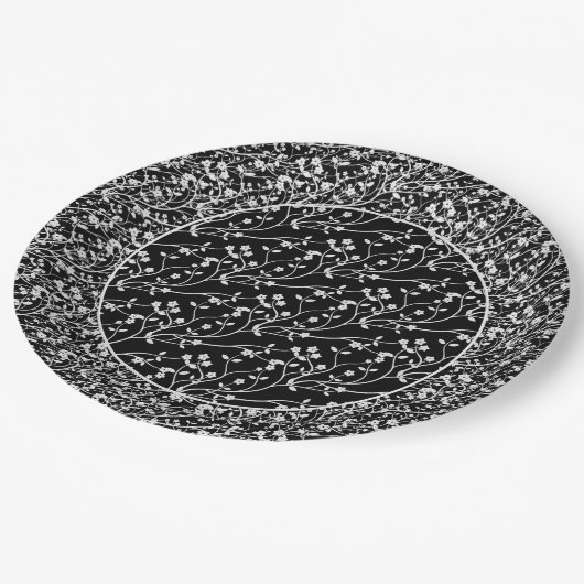 フローラスプレー、ホワイト – ブラック6-紙パーティープレート ペーパープレート (アングル)