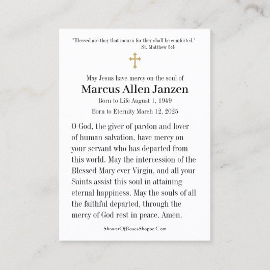 フローラスペインのカトリック葬儀祈りの言葉カード 名刺 (裏面)