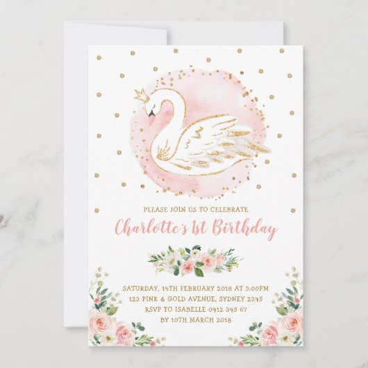 フローラスワンプリンセス/ピーチ赤面金ゴールド誕生日 招待状 (正面)