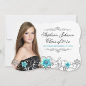 フローラスワールティール(緑がかった色)ブルー卒業カード 招待状 (正面)