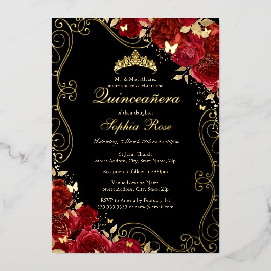 フローラスワールレッド金ゴールドブラックバタフライキンセアニェラ 箔招待状 (正面)