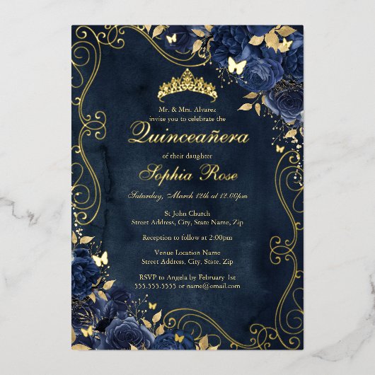 フローラスワール金ゴールドネイビーバタフライキンセアニェラ 箔招待状 (正面)