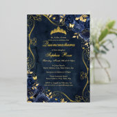 フローラスワール金ゴールドネイビーバタフライキンセアニェラ 箔招待状 (立ち正面)