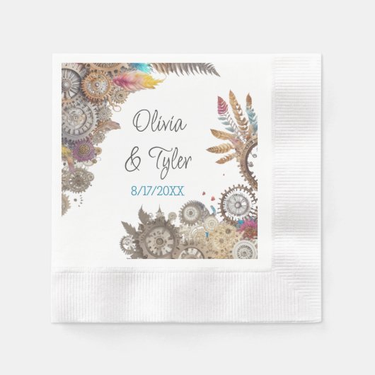 フローラス結婚テームパンクの日付と名前 縁ありカクテルナプキン (正面)