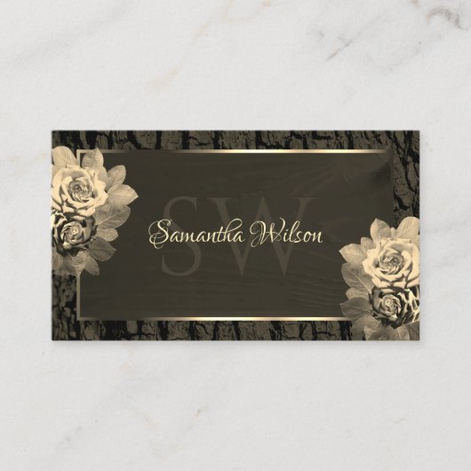 フローラセピア金ゴールドダークブラウン木目モノグラム 名刺 (正面)