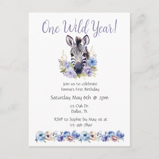 フローラゼブラ誕生日 インビテーションポストカード (正面)