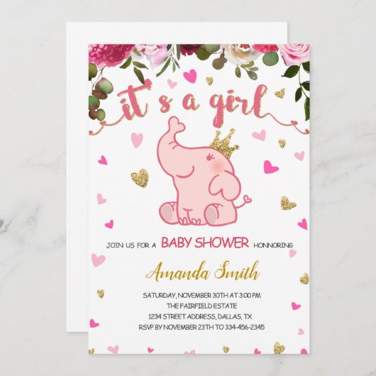 フローラゾウ赤ちゃんシャワー招待状カードガール 招待状 (正面/裏面)