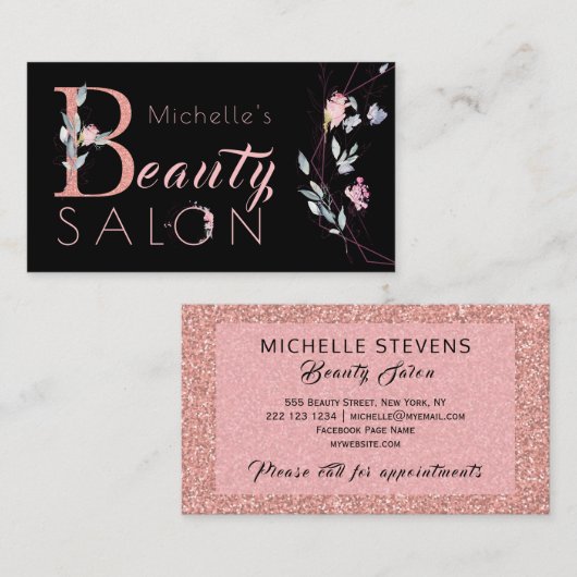 フローラタイポグラフィグリッターピンクブラックグラムサロン 名刺 (正面/裏面)