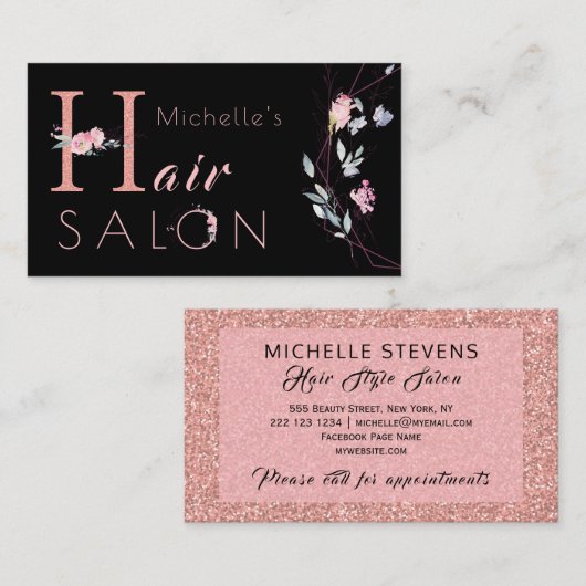 フローラタイポグラフィグリッターピンクブラックグラムサロン 名刺 (正面/裏面)