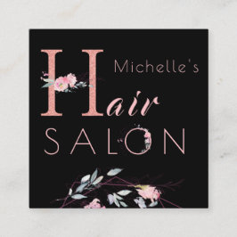 フローラタイポグラフィグリッターピンクブラックヘアサロン スクエア名刺