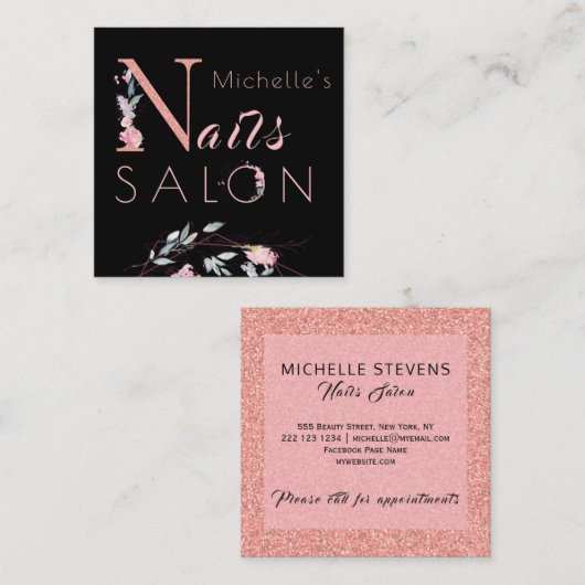 フローラタイポグラフィグリッターピンクブラック爪、 ネイルサロン スクエア名刺 (正面/裏面)