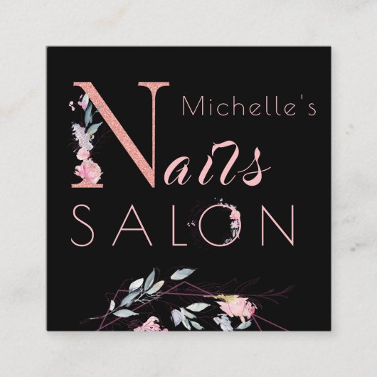 フローラタイポグラフィグリッターピンクブラック爪、 ネイルサロン スクエア名刺 (正面)